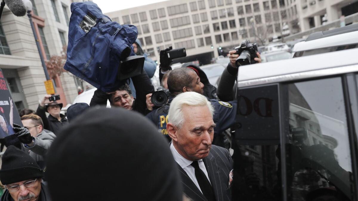 Roger Stone, a Republican operative who helped launch President Trump's political career, leaves federal court in Washington on Feb. 1.