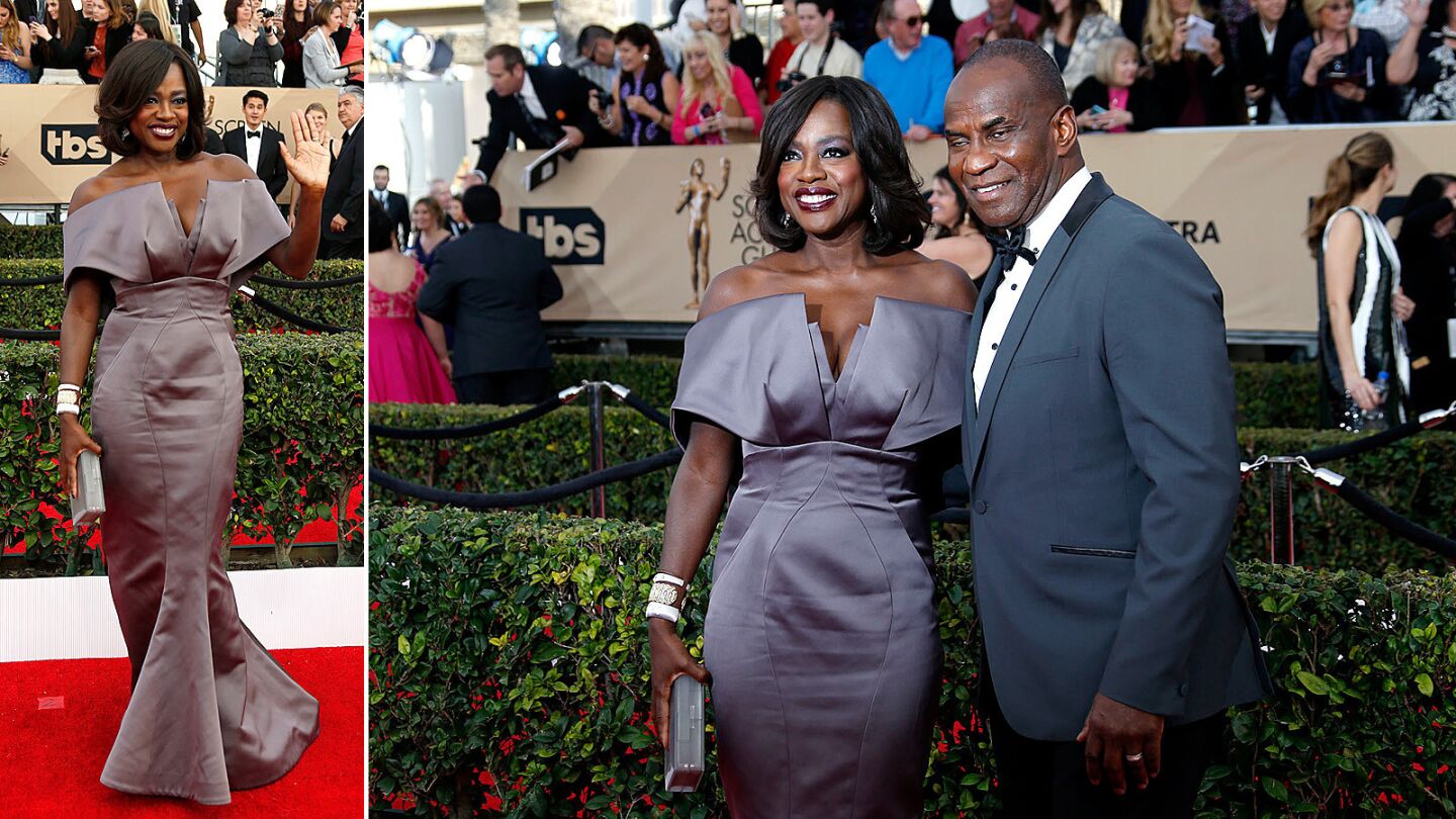 Viola Davis solo, and the best actress in a TV series nominee with Julius Tennon during arrivals at the 22nd Screen Actors Guild awards.