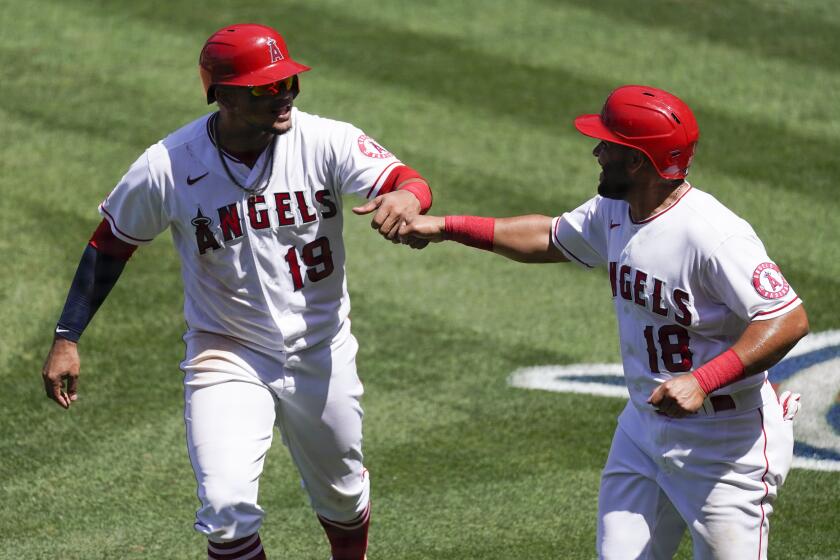 Los Angeles Angels' Juan Lagares (19) and Jose Rojas (18) celebrate after they both scored off of a single hit by Taylor Ward during the fifth inning of a baseball game against the Texas Rangers Wednesday, May 26, 2021, in Anaheim, Calif. (AP Photo/Ashley Landis)