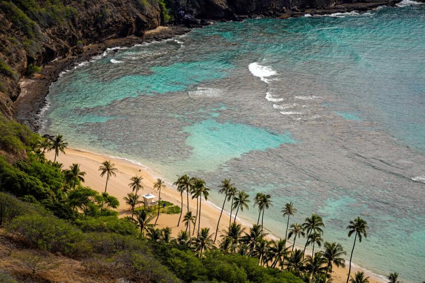 HAWAII KAI, HI - OCTOBER 18: An empty Hanauma Bay is seen from a hiking trail overlooking the iconic Nature Preserve on Sunday, Oct. 18, 2020 in Hawaii Kai, HI. Amid the ongoing Coronavirus pandemic, the State of Hawaii is trying to restart its tourism economy; October 15 was the start of a new traveler testing program, with thousands of people expected to arrive to the state.