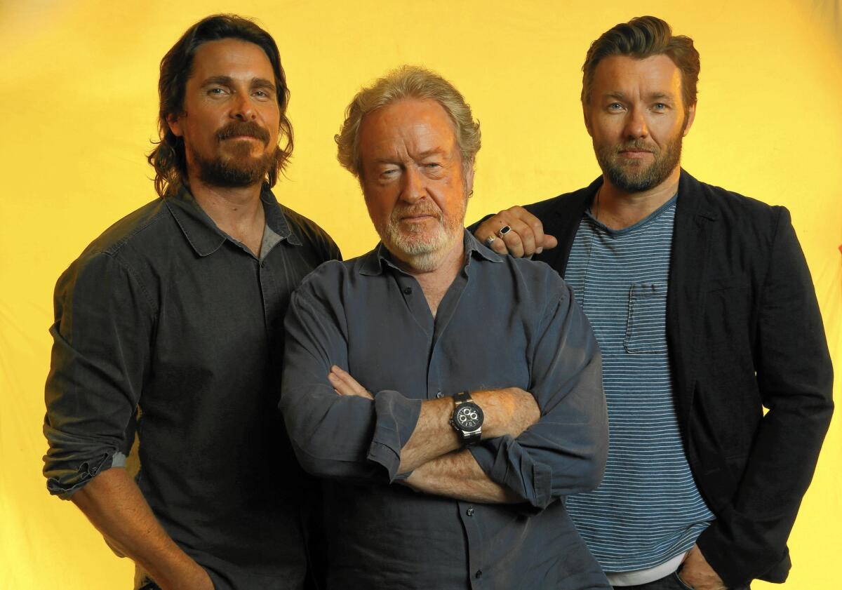 Director Ridley Scott is flanked by actors Christian Bale, left, and Joel Edgerton.