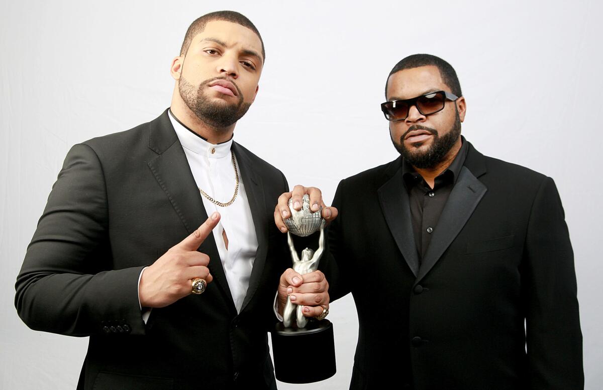 O'Shea Jackson Jr. with father Ice Cube stopped by the Los Angeles Times Photo Booth at the NAACP Image Awards at the Pasadena Civic Auditorium.