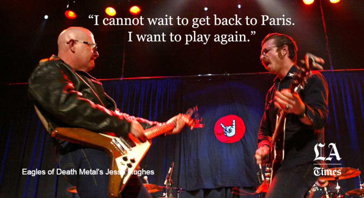 In a Vice interview, Eagles of Death Metal cofounder Jesse Hughes, right, said he was eager to return to Paris.
