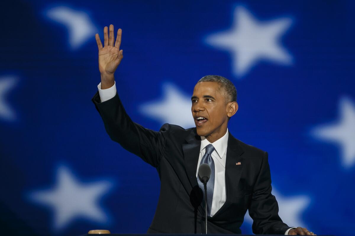 President Barack Obama waves to the crowd at the 2016 Democratic National Convention in Philadelphia.
