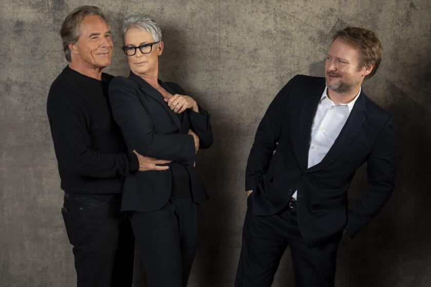 TORONTO, ONT., CAN -- SEPTEMBER 08, 2019-- Actors Don Johnson and Jamie Lee Curtis and director Rian Johnson, from the film "Knives Out," photographed in the L.A. Times Photo Studio at the Toronto International Film Festival, in Toronto, Ont., Canada on September 08, 2019. (Jay L. Clendenin / Los Angeles Times)