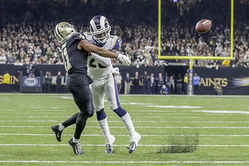 Robert Gauthier  Los Angeles Times NICKELL ROBEY-COLEMAN delivers an early hit to Saints receiver Tommylee Lewis late in last season’s NFC title game, thwarting a potential winning drive. “Yes, I got there too early,” Robey-Coleman admitted.