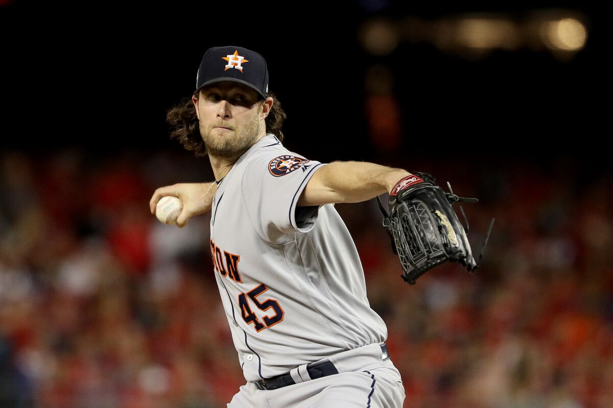 Houston's Gerrit Cole pitches against the Washington Nationals during Game 5 of the 2019 World Series. Cole has signed with the New York Yankees as a free agent.