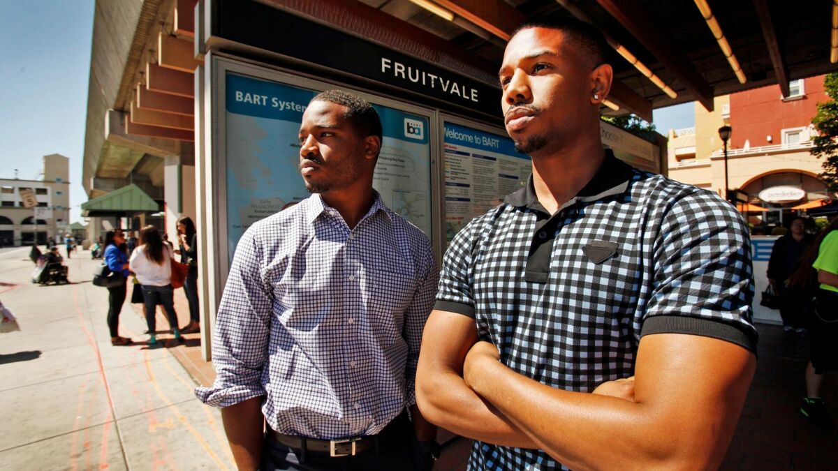"Fruitvale Station" and "Black Panther" dup — director Ryan Coogler, left, and actor Michael B. Jordan — at the BART Fruitvale Station in Oakland.