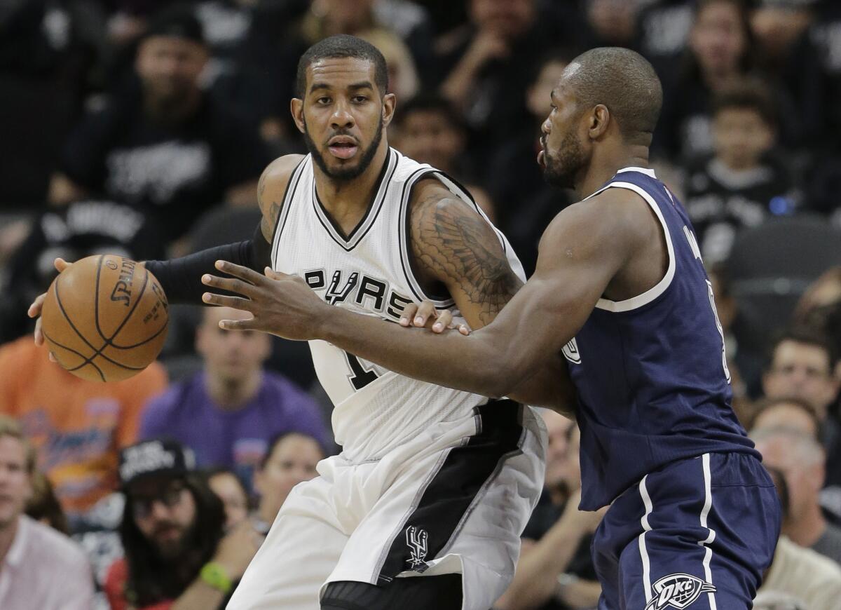 Spurs forward LaMarcus Aldridge had 38 points with six rebounds and two blocks against the Thunder during their second-round playoff series opener on April 30.