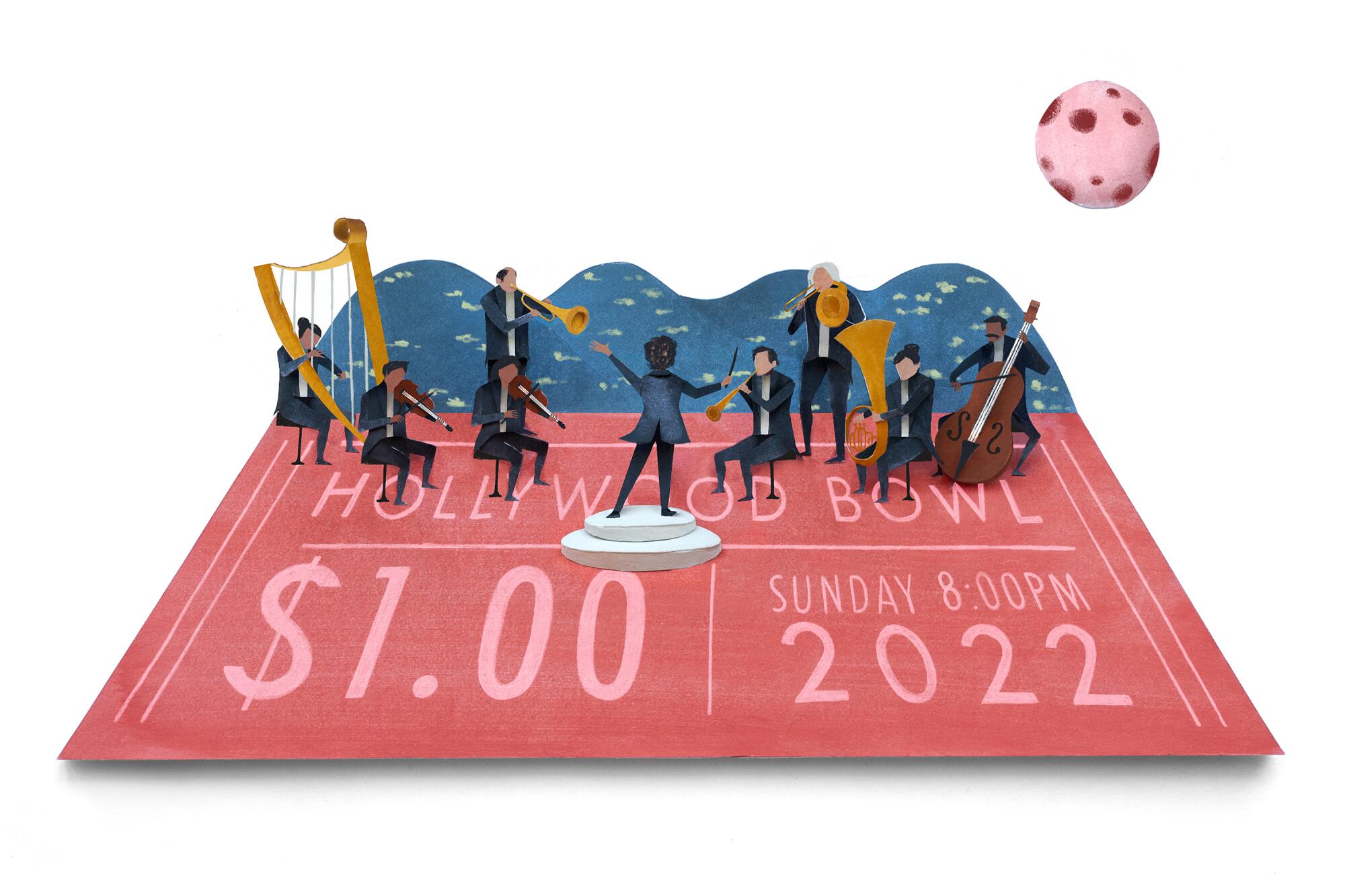 Illustration showing a Hollywood Bowl $1 ticket with tiny orchestra