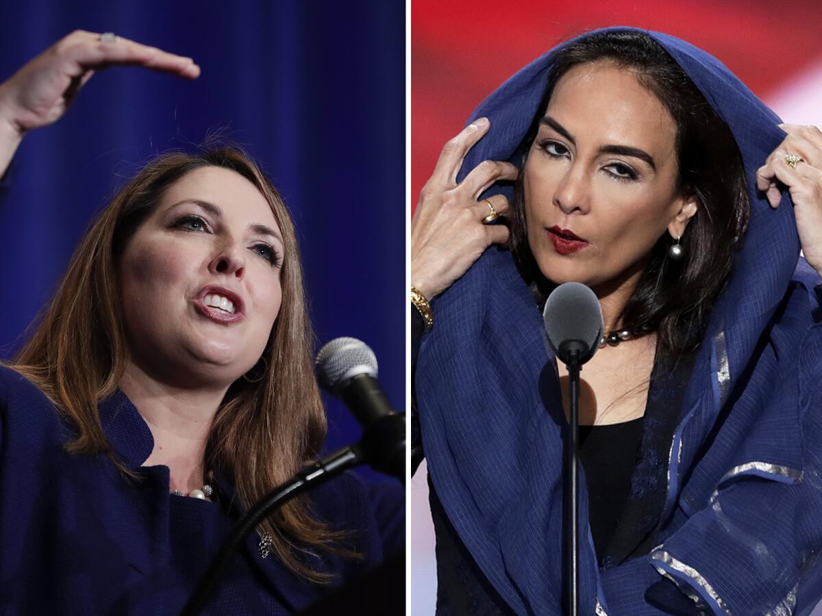 Side-by-side closeups of Ronna McDaniel and Harmeet Dhillon speaking into microphones 