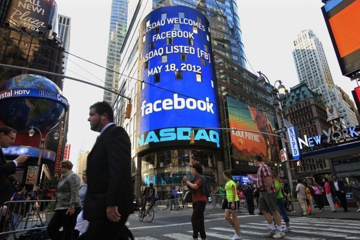 Facebook's initial public offering was the news of the day on May 18, 2012, on the Nasdaq stock exchange's video board in Times Square in New York.
