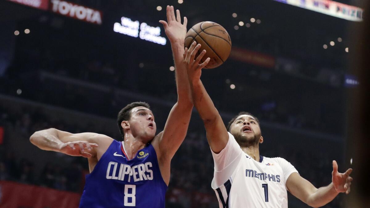 Clippers' Danilo Gallinari (8) blocks a shot from Memphis Grizzlies' Kyle Anderson (1).