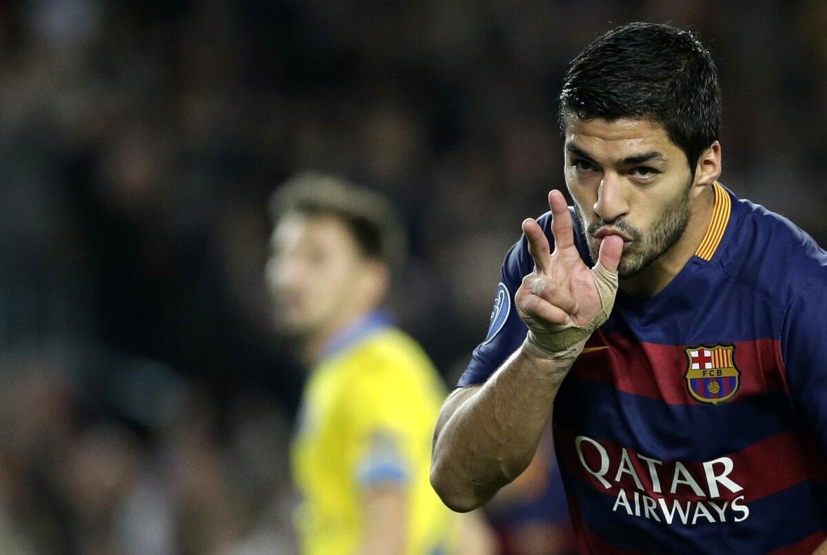 Barcelona's Luis Suarez celebrates after scoring during the Champions League Group E soccer match between FC Barcelona and BATE Borisov at the Camp Nou stadium in Barcelona, Spain, Wednesday, Nov. 4, 2015. (AP Photo/Emilio Morenatti)