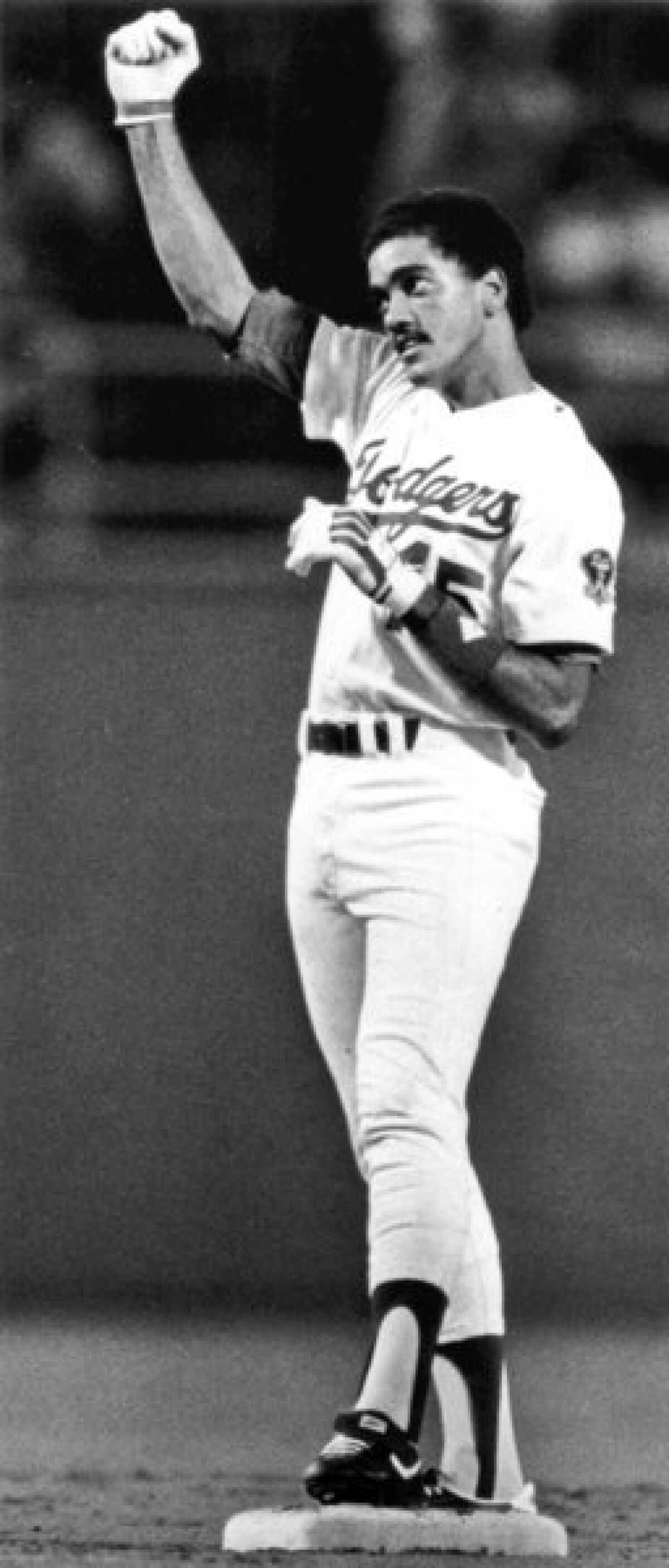 June 24, 1983: Dodgers 19-year old rookie Gilberto Reyes, from the Dominican Republic, celebrates his first major league hit - a double - during his first home start at Dodger Stadium.