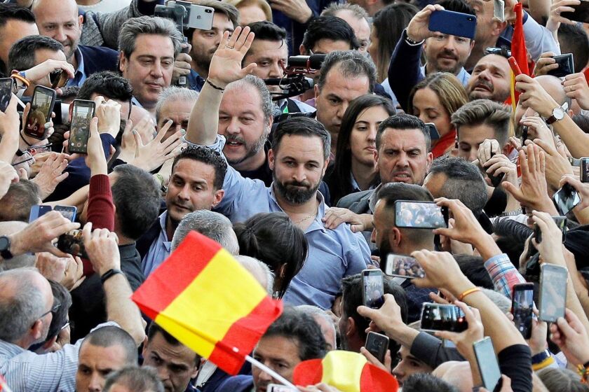 Mandatory Credit: Photo by Manuel Bruque/EPA-EFE/REX (10219101b) Spanish far-right party Vox's Santiago Abascal (C) waves his supporters during an election event held at Sciences Museum in Valencia, eastern Spain, 25 April 2019 (issued on 26 April 2019). Spanish general election will be held on 28 April. Spanish far-right party Vox's election campaign, Valencia, Spain - 26 Apr 2019 ** Usable by LA, CT and MoD ONLY **