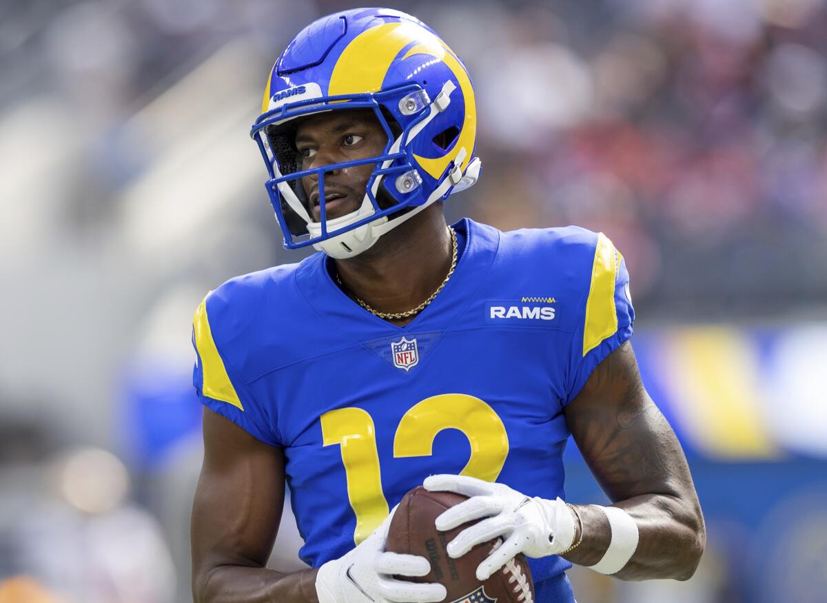 Los Angeles Rams wide receiver Van Jefferson warms up.