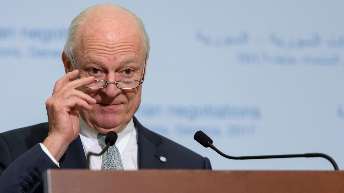 The U.N. special envoy for Syria, Staffan de Mistura, addresses reporters in Geneva, where a new round of Syria peace talks is underway.
