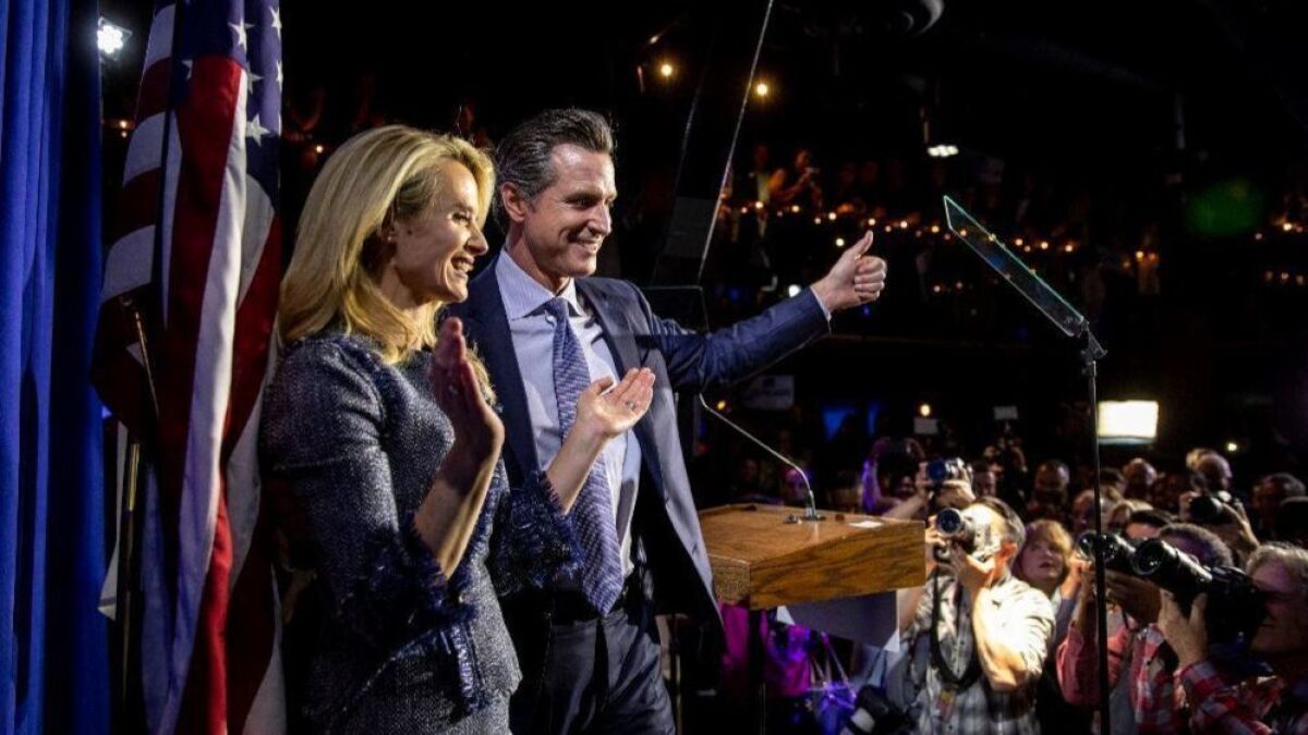 California democratic candidate for governor, Lt. Gov Gavin Newsom, joined by his wife Jennifer Siebel Newsom, spoke at a vitctory party at Verso, in San Francisco on June 5. 2018.