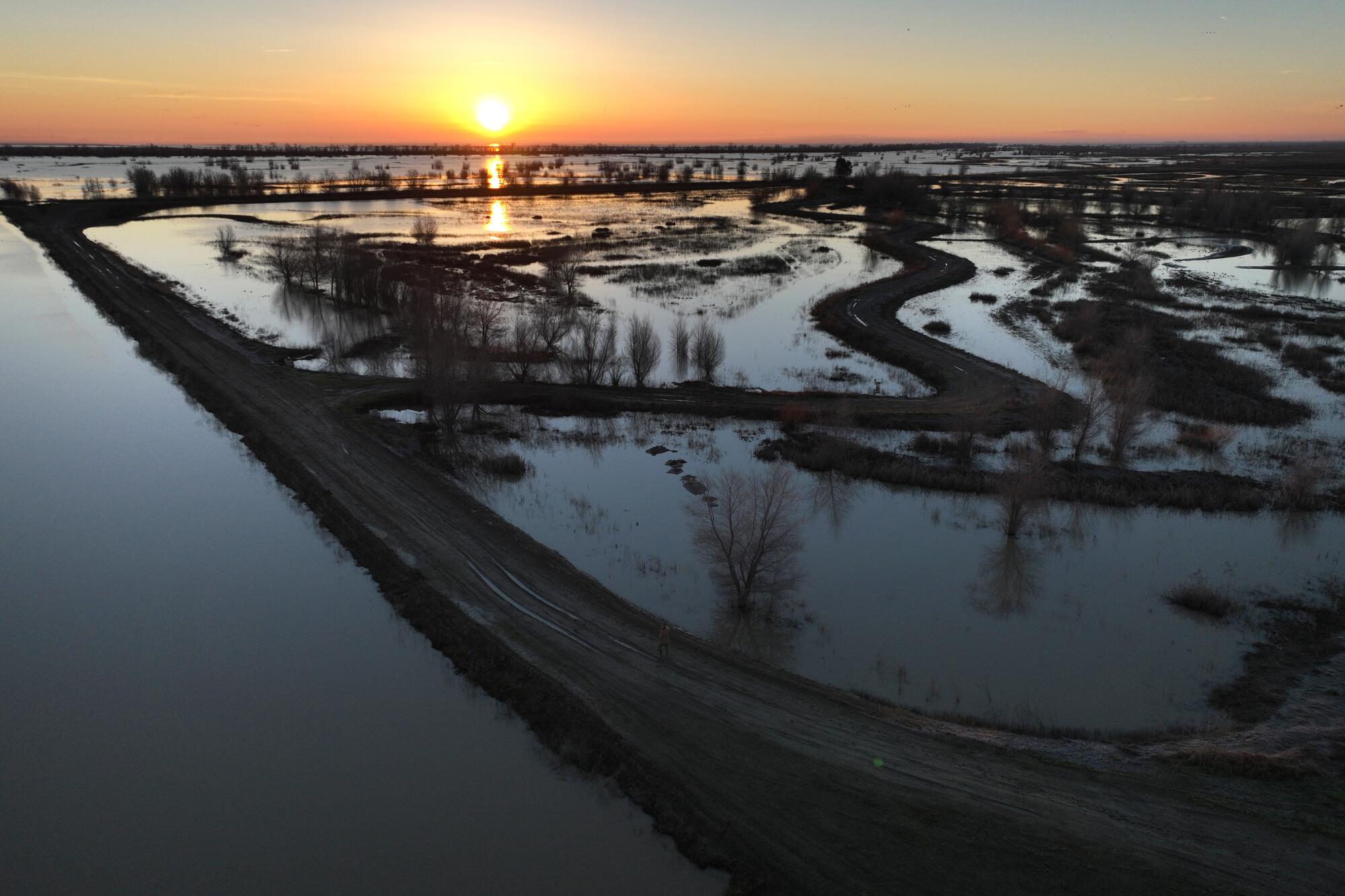 A view of flooded fields with the sun on the horizon