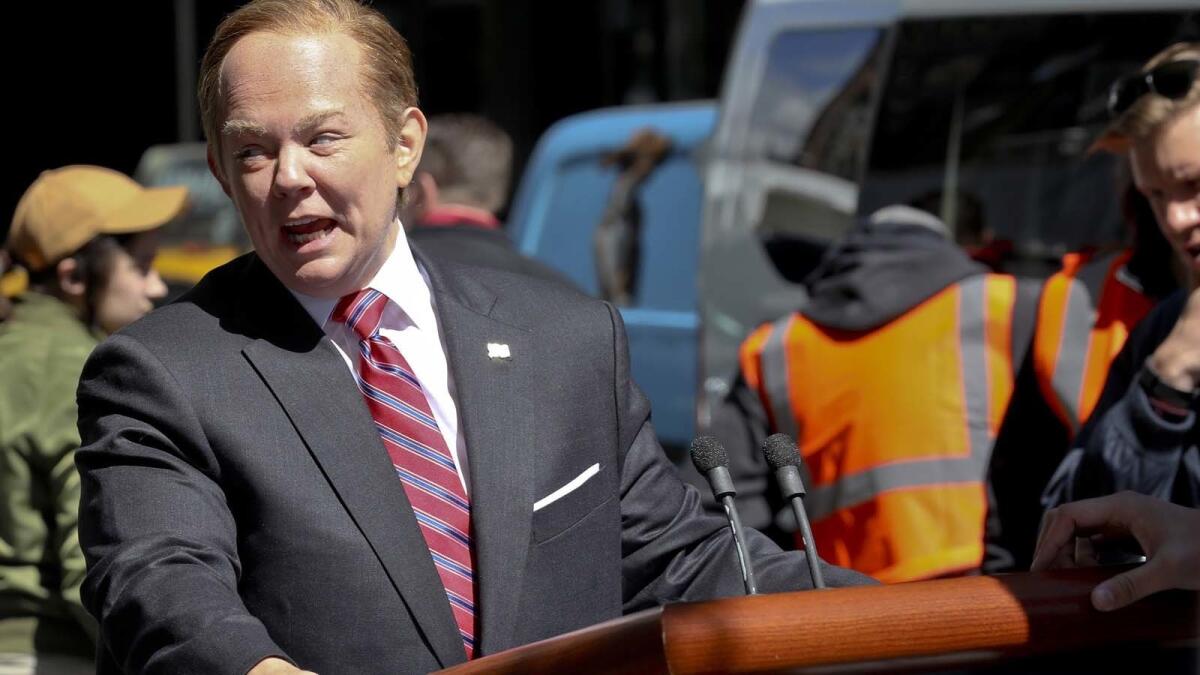 Melissa McCarthy, as White House spokesman Sean Spicer, tapes a "Saturday Night Live" segment on Friday.