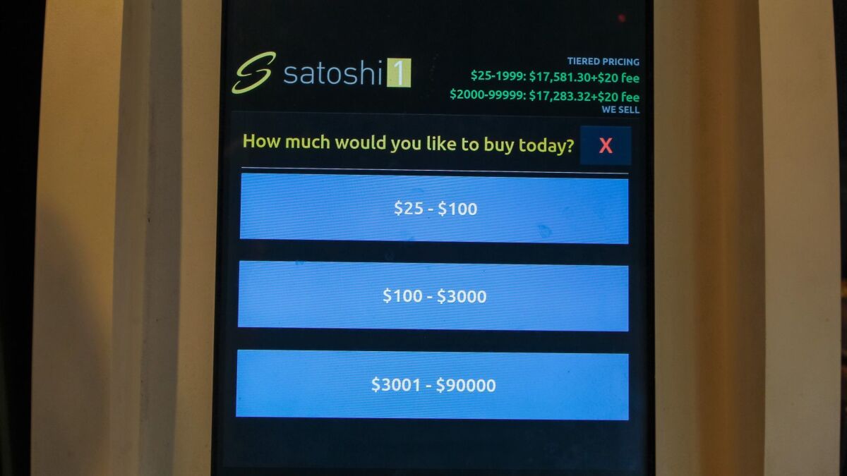 This is the one of the transaction screens of the Bitcoin ATM machine at Lestat's Coffee House in Hillcrest on Tuesday morning in San Diego, California.