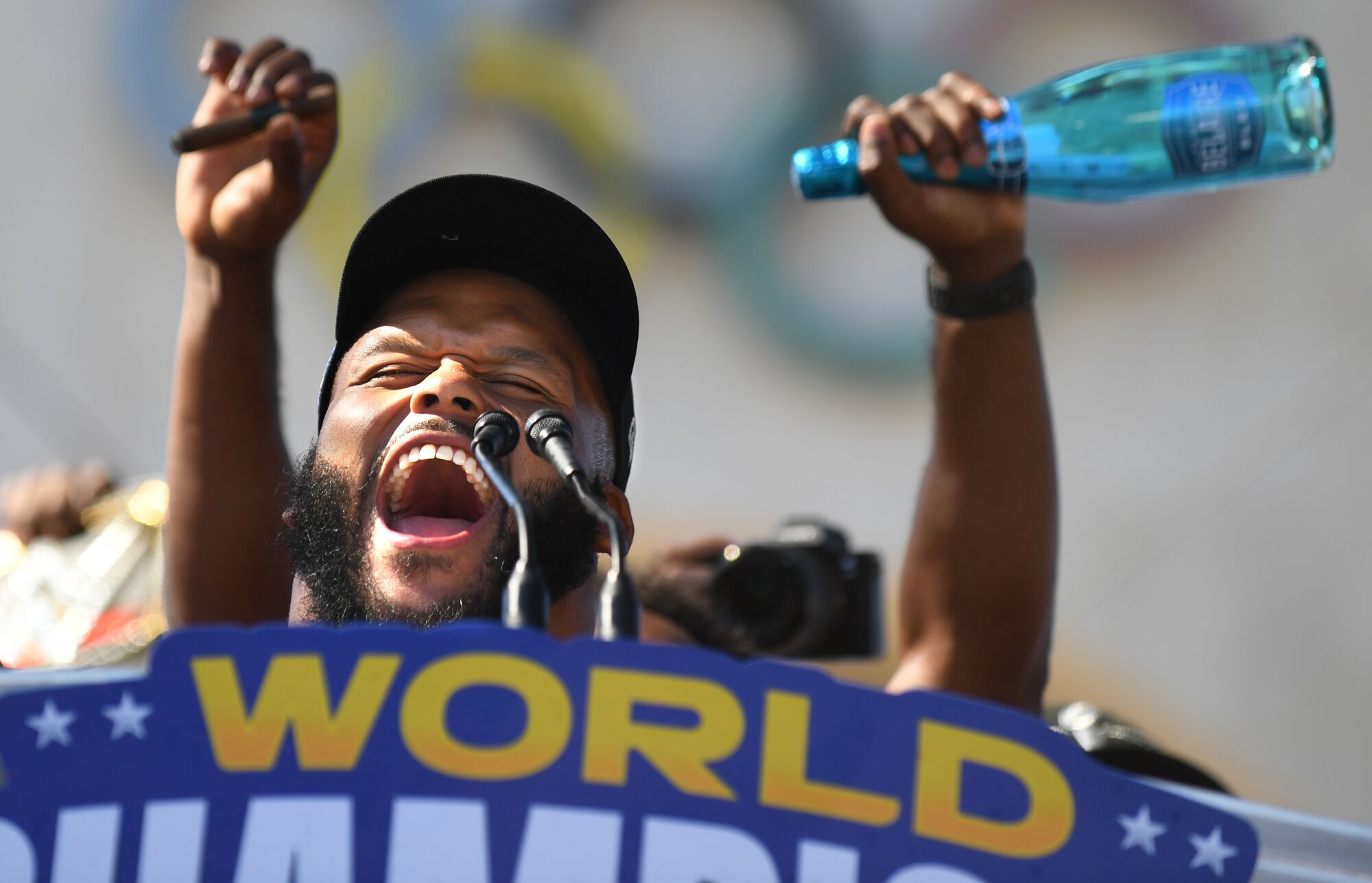 Rams defensive end Aaron Donald celebrates the Super Bowl championship during the rally.