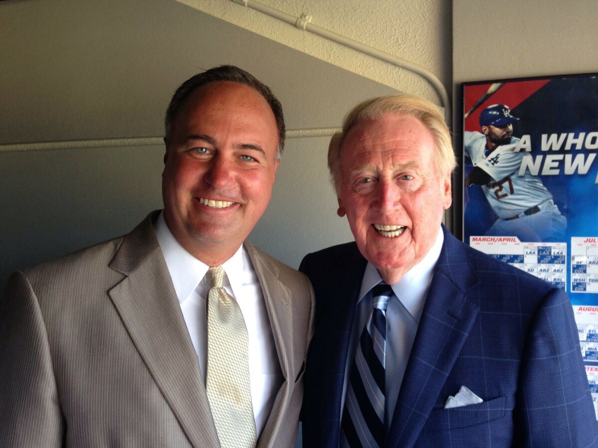 Don Orsillo with Vin Scully in 2013. — Courtesy of Don Orsillo