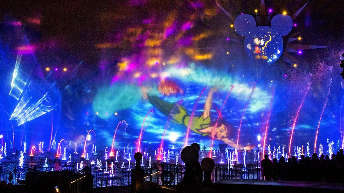 A three-dimensional projection of Peter Pan flying through a mist during the launch of Disney California Adventure Park's "World of Color" for the park's 60th anniversary celebration Wednesday, May 20, 2015. The event is a preview of the Disneyland Resort Diamond Celebration, a special event celebrating the 60th anniversary of Walt Disney's original theme park in Southern California.