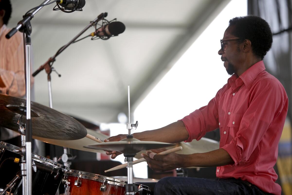 Brian Blade plays the drums at a Rhode Island concert.