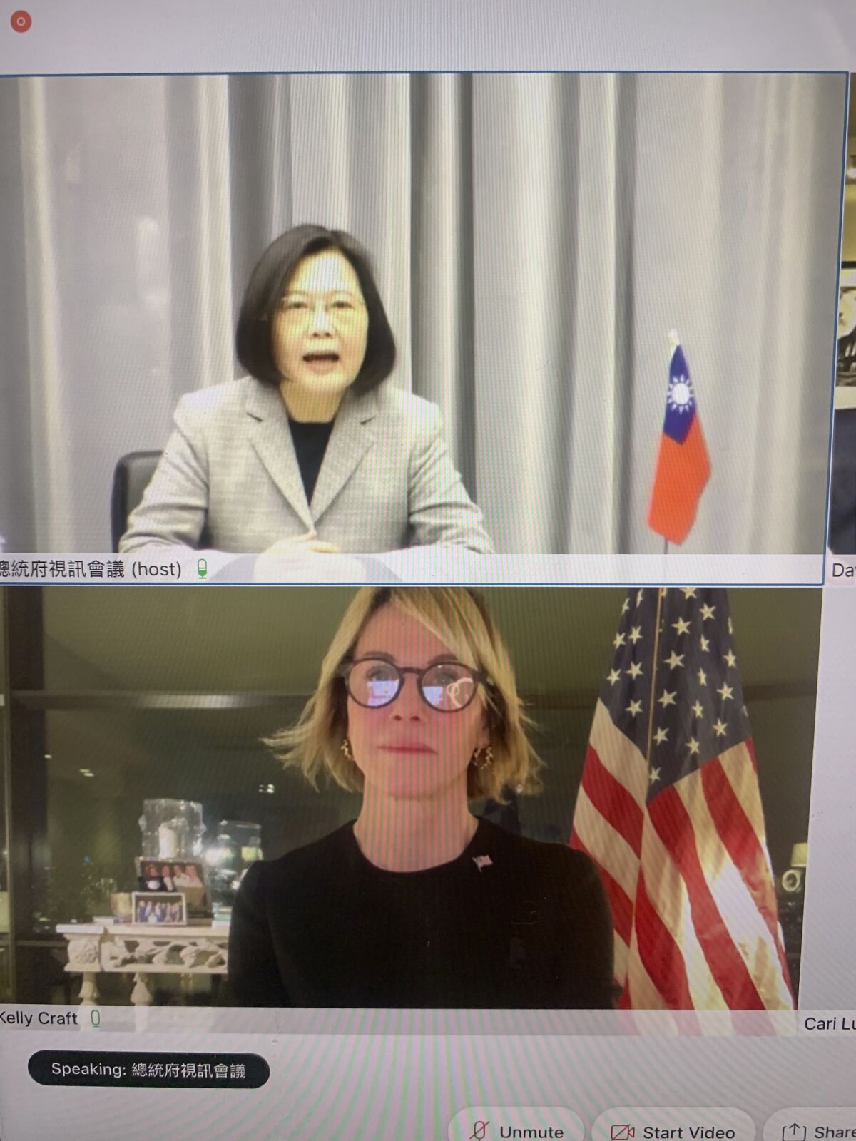 In this image made from a video screen shows Taiwan's President Tsai Ing-wen, top, and U.S. Ambassador to the United Nations Kelly Craft meeting virtually on Wednesday night, Jan. 13, 2021. Craft's trip to Taiwan was canceled but Craft told Tsai: “The United States will always stand with Taiwan.” (The United States Mission to the United Nations via AP)