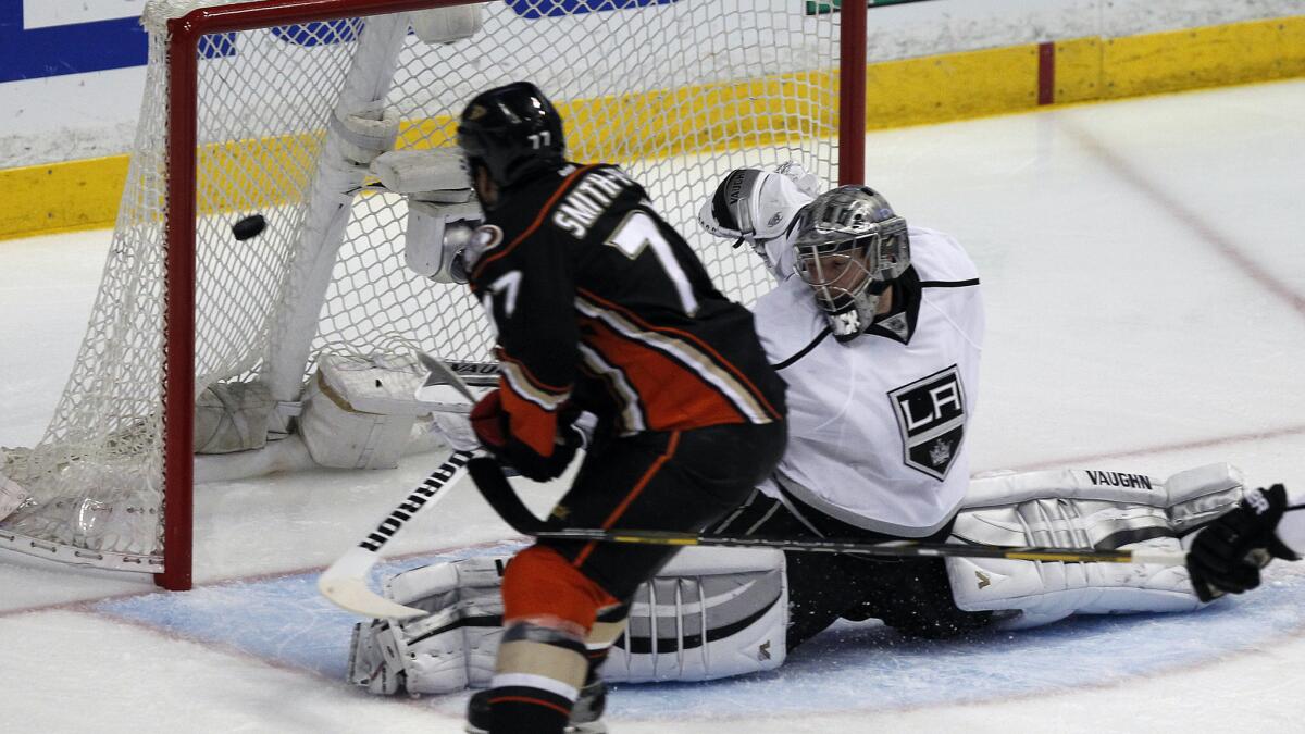 Ducks forward Devante Smith-Pelly scores on Kings goalie Jonathan Quick during the second period of the Ducks' 4-3 win in Game 5 of the Western Conference semifinals at Honda Center on Monday.