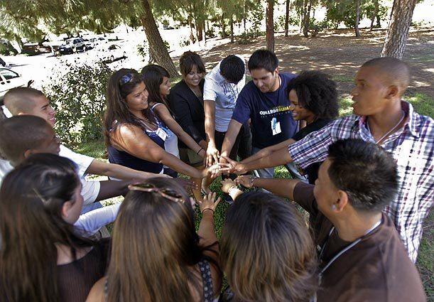 Students and staff participate in an outdoor session for College Summit, a program held at Cal-Lutheran University in Thousand Oaks aimed at low-income seniors.