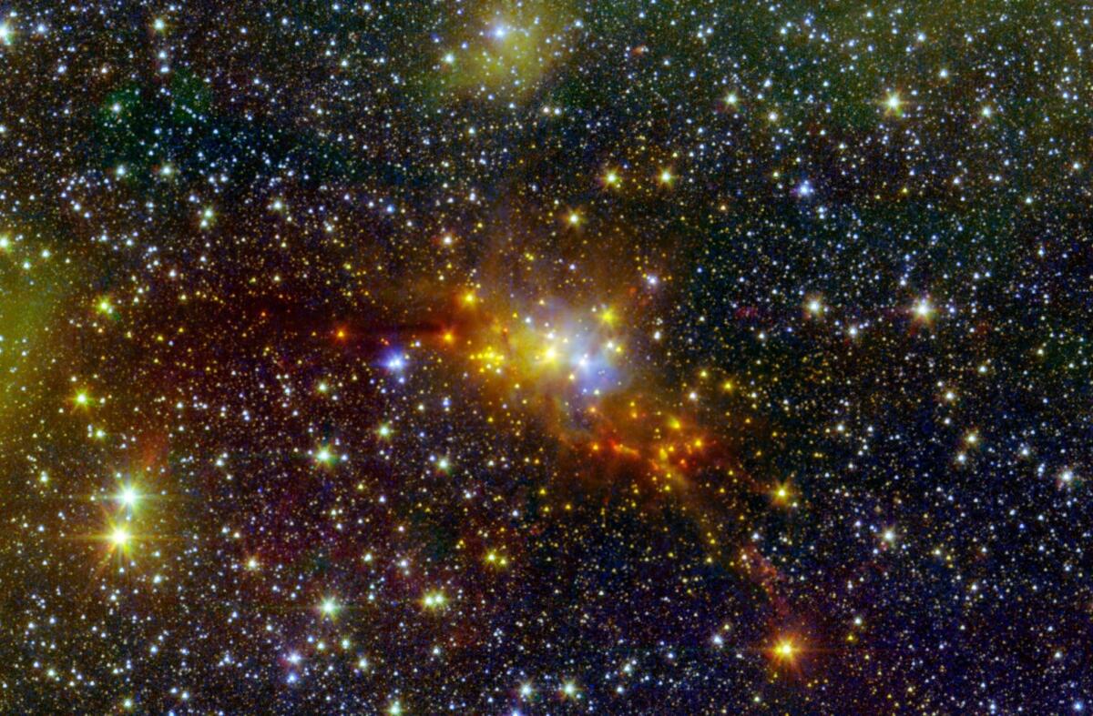 This infrared image combines data from NASA's Spitzer Space Telescope with shorter-wavelength observations from the Two Micron All Sky Survey.