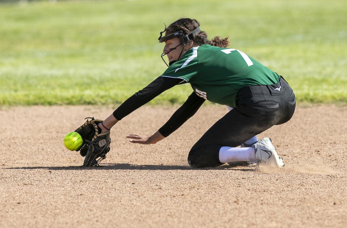 Costa Mesa's Isabella Gonzalez, seen in April 2023, had three hits for the Mustangs against Calvary Chapel on Wednesday.
