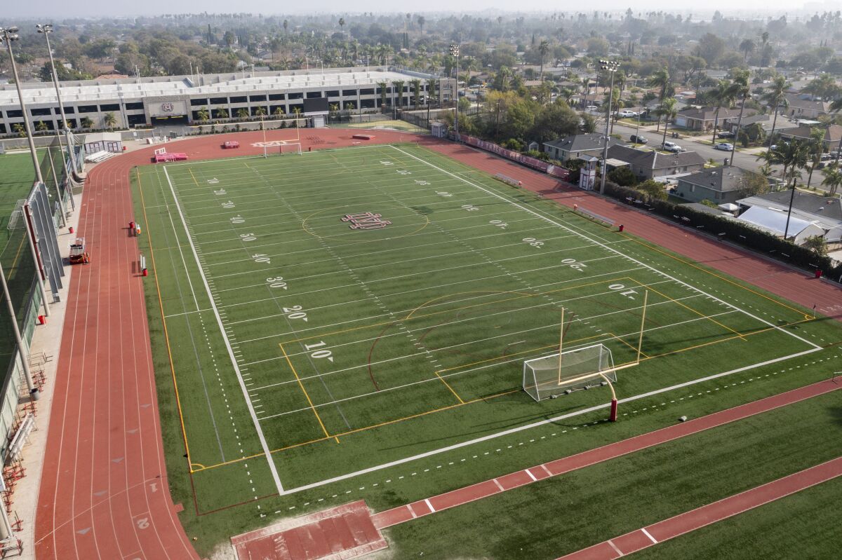An aerial view of Mater Dei High School campus and sports fields in Santa Ana.