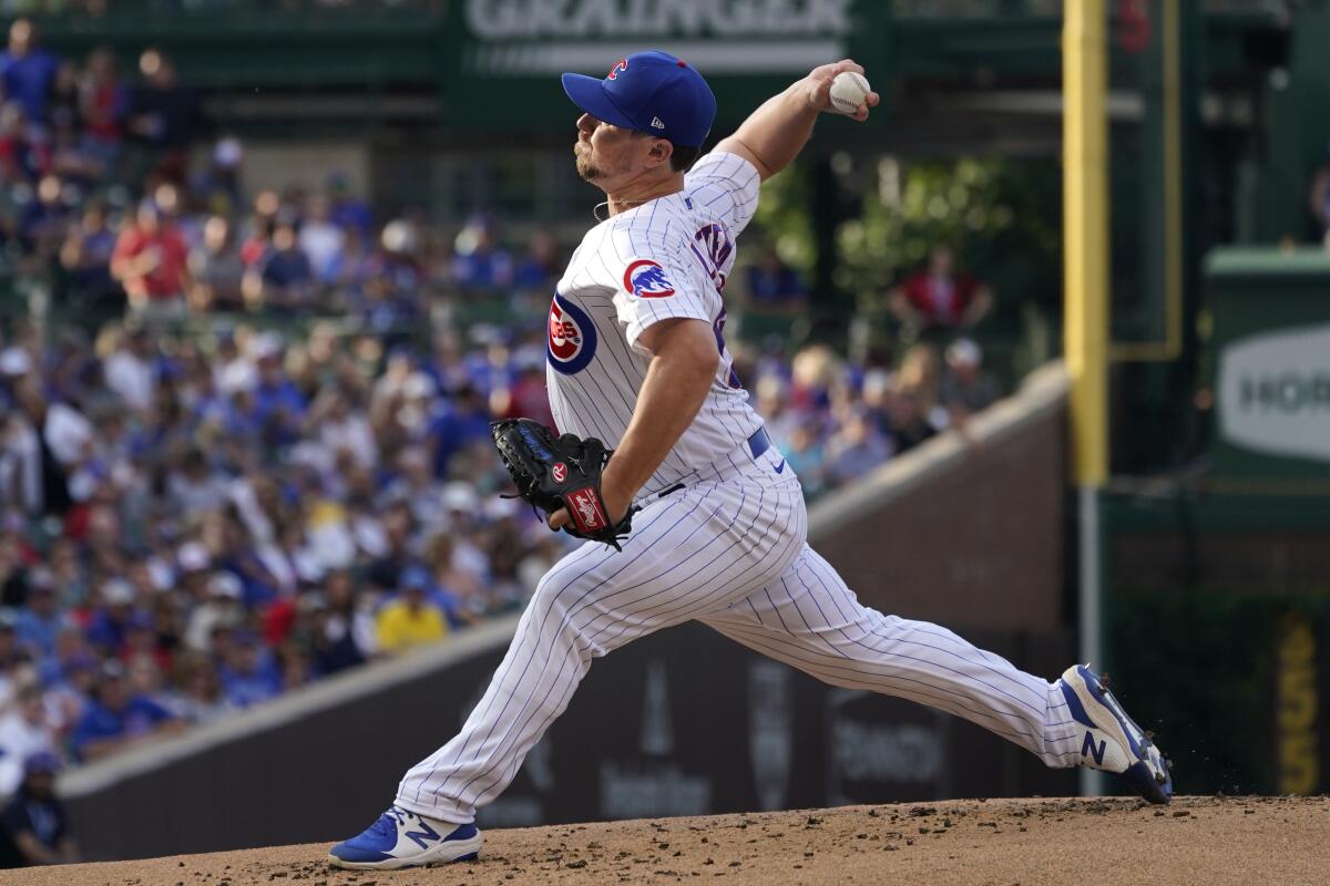 Chicago Cubs relief pitcher Mark Leiter Jr., throws against the Boston Red Sox during the first inning of a baseball game in Chicago, Saturday, July 2, 2022. (AP Photo/Nam Y. Huh)