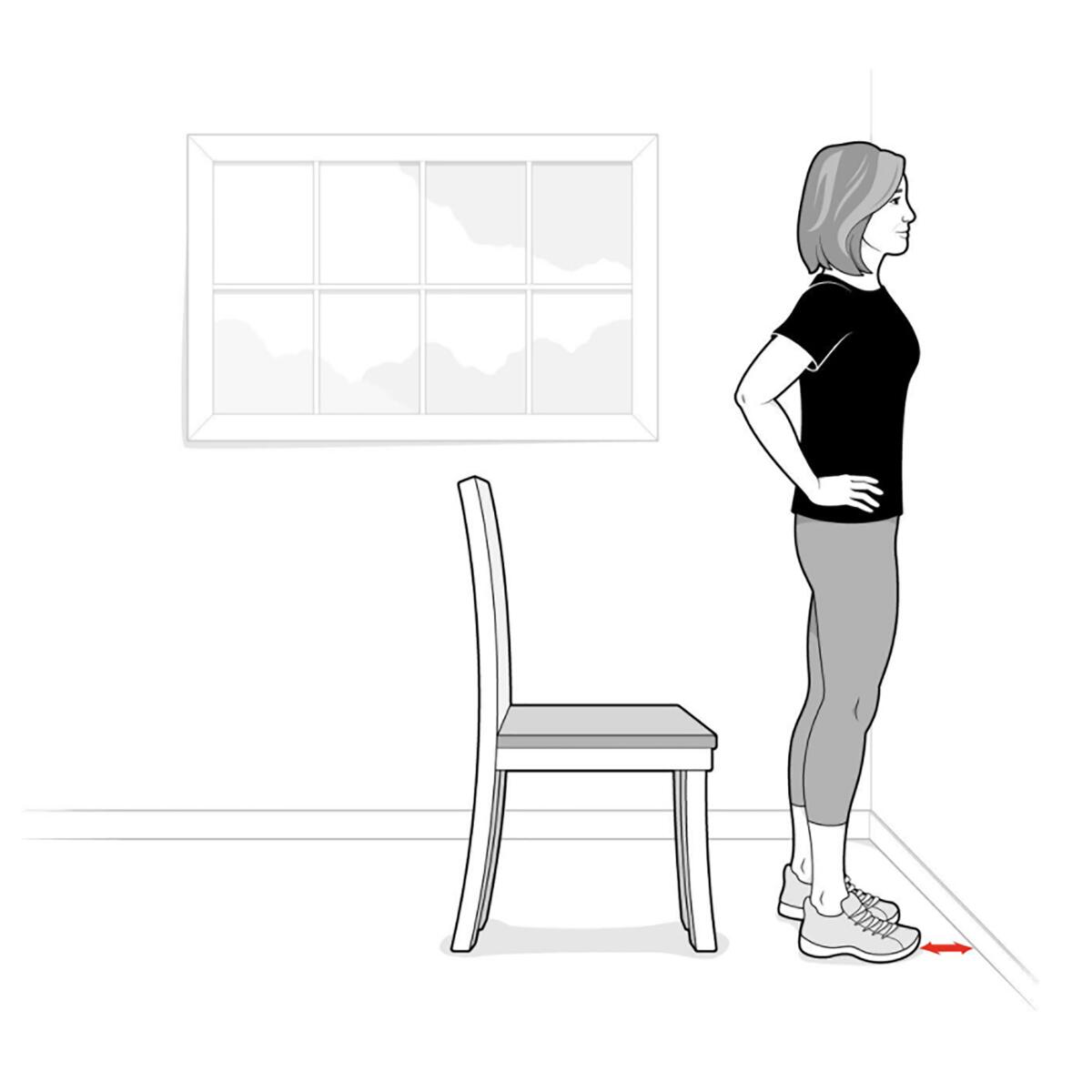 A sketch shows a woman standing in front of chair, about 4 inches from the wall.
