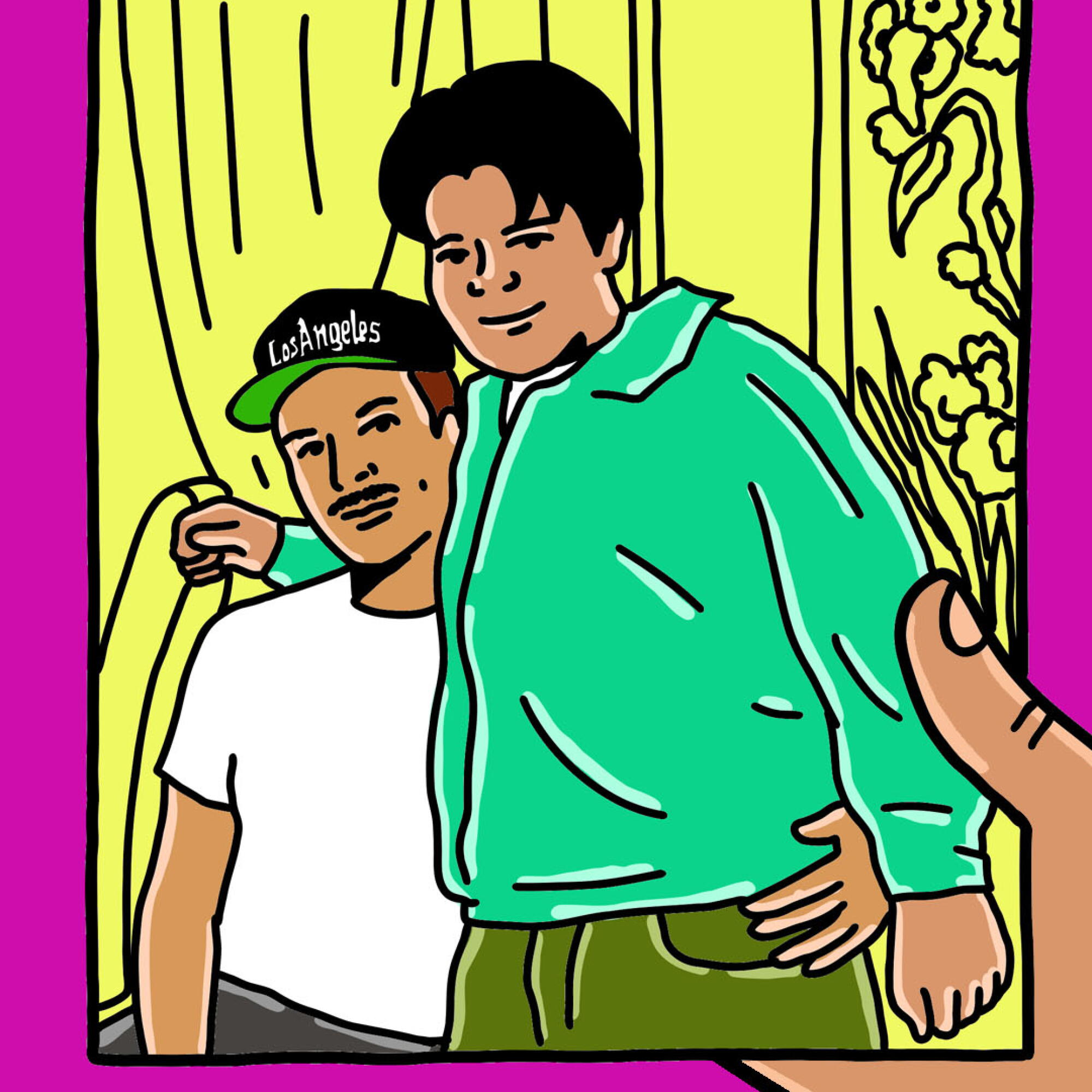 An illustration of two men posing for a photo 
