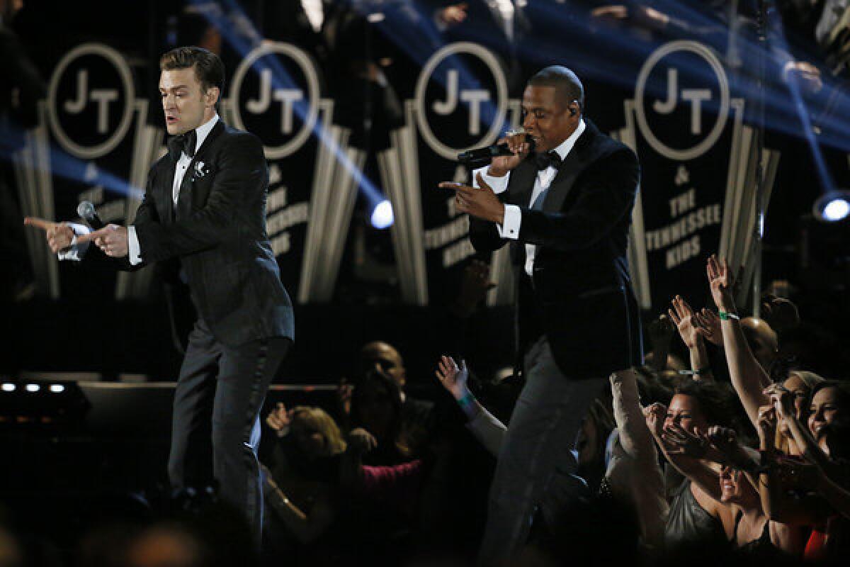 Justin Timberlake and Jay-Z perform at the 55th Annual Grammy Awards at Staples Center.