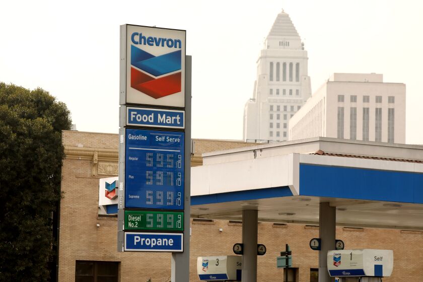 LOS ANGELES CA OCTOBER 22, 2021 - A Chevron station in the 900 block of Alameda street in downtown Los Angeles has has gas prices just under $6 a gallon Friday afternoon, October 22, 2021. The average price of a gallon of self-serve regular gasoline in Los Angeles County rose today for the 11th consecutive day, spurring the largest week-to-week increase since March. (AL Seib / Los Angeles Times)