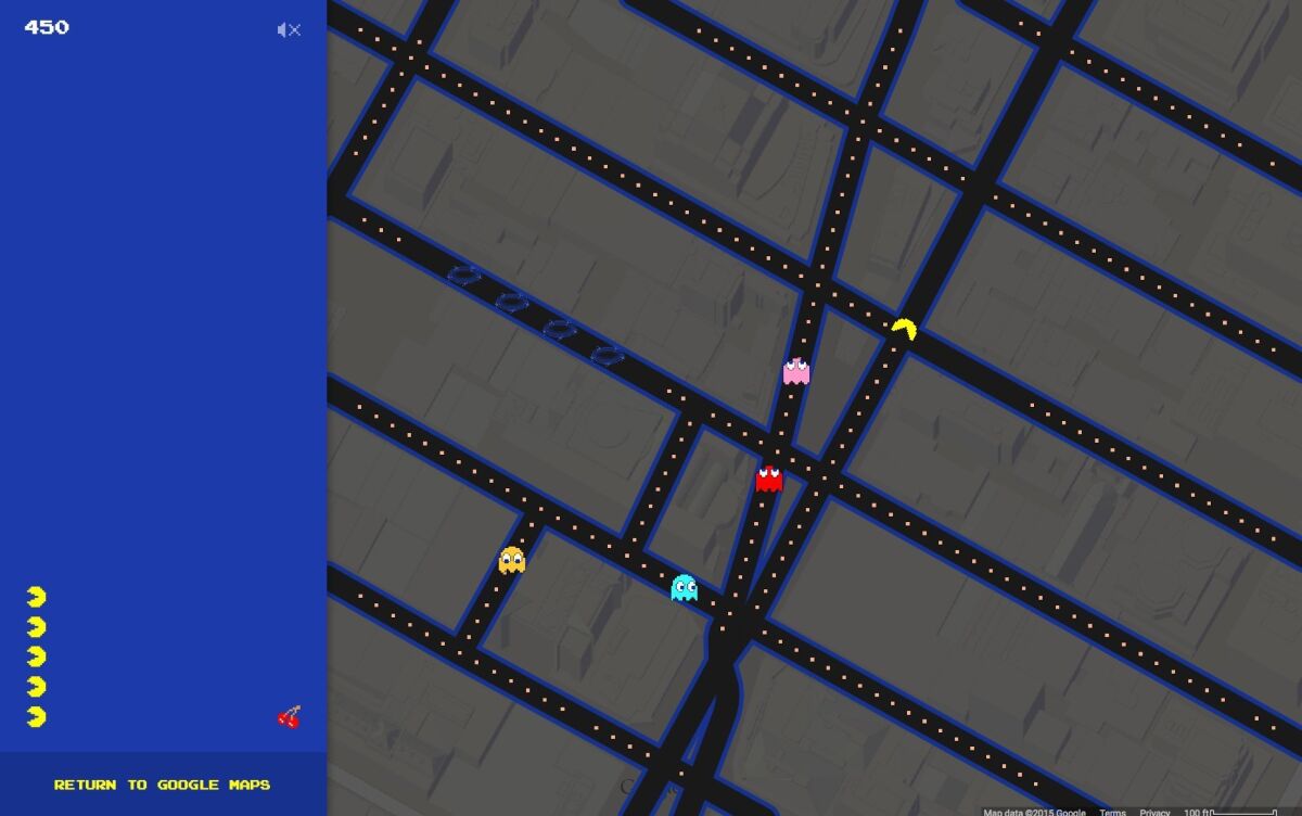 This screen shot made Tuesday, March 31, 2015 shows the Times Square area of New York in Pac-Man form on Google Maps. Google added the option to convert its popular navigation service into the Pac-Man video game in celebration of April Fools’ Day. (AP Photo/Google Maps)