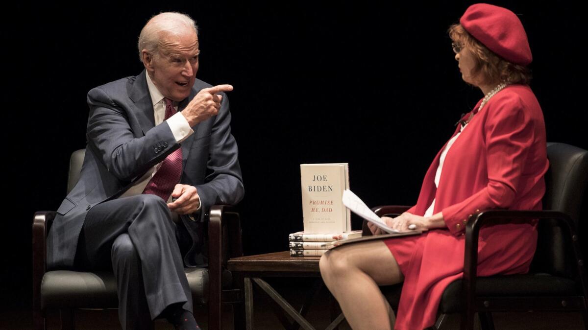 Former Vice President Joe Biden on stage with The Times' Patt Morrison at the Orpheum Theatre in Los Angeles.