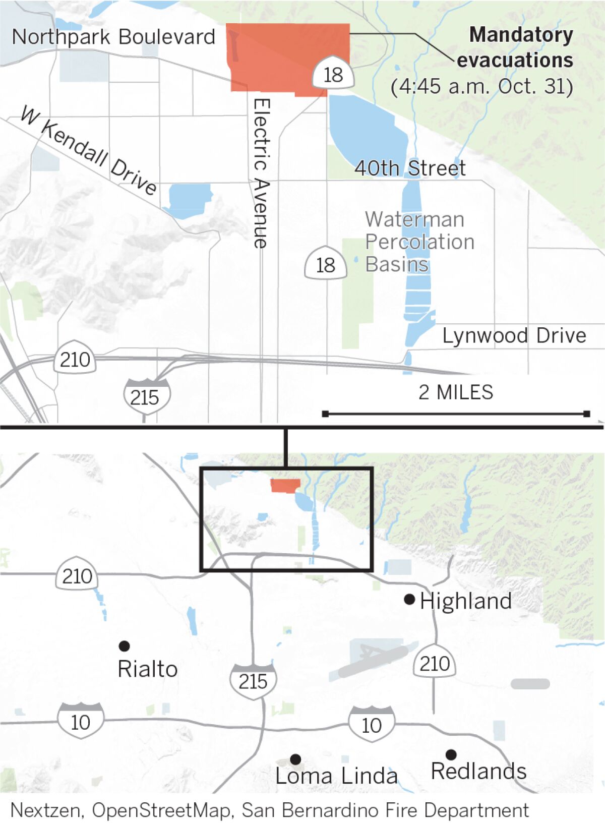 The Hillside fire was burning along Highway 18 at Lower Waterman Canyon, consuming at least 200 acres. San Bernardino fire officials ordered evacuations north of 50th Street, West of Highway 18 and east of Mayfield Street. An evacuation center has been established at 1020 Pacific Street in San Bernardino.