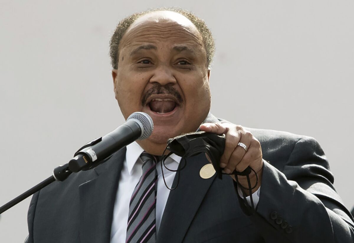 Martin Luther King III speaks during a rally for voting rights
