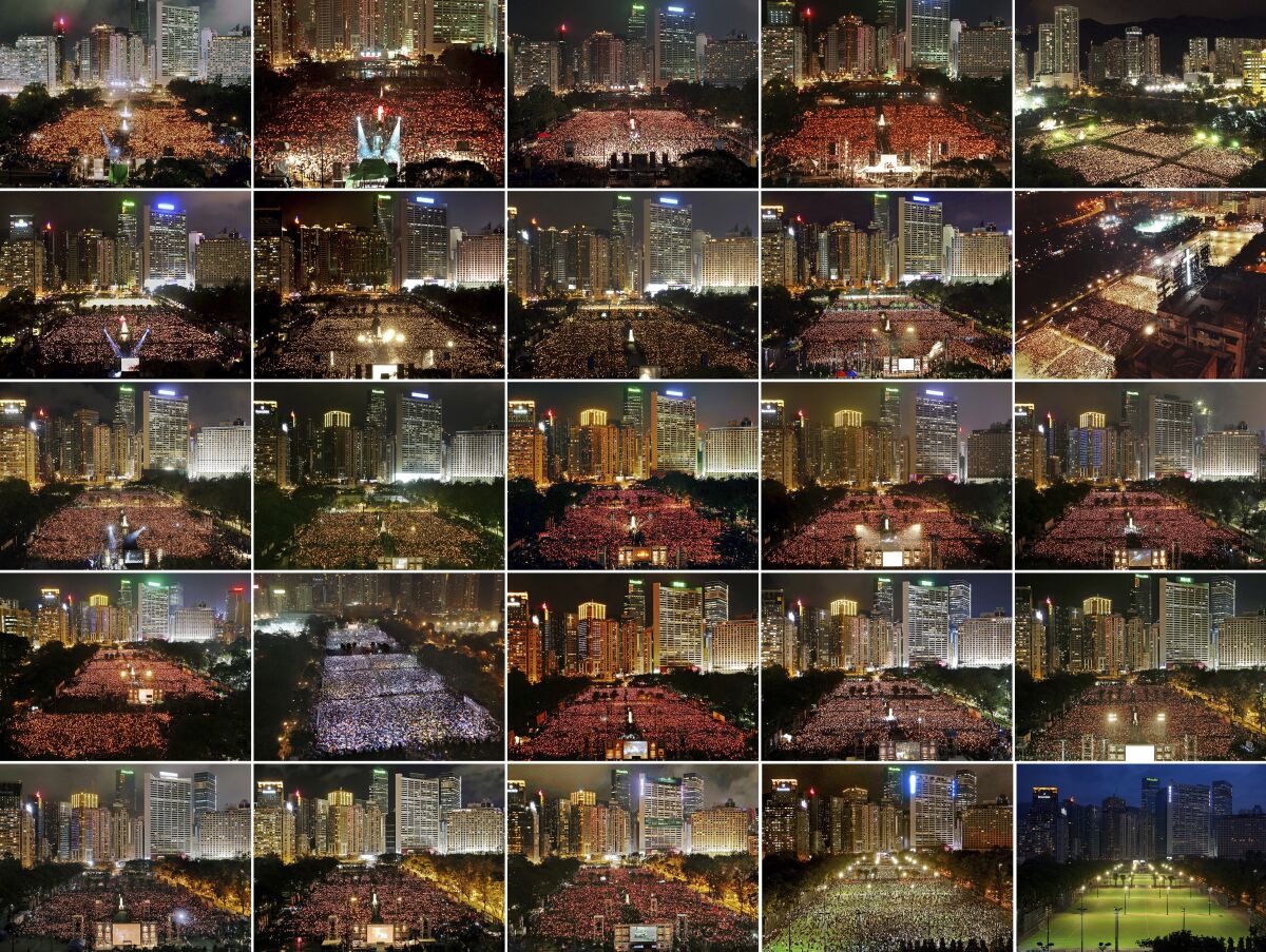 This combination of images between 1997 and 2021 shows thousands of people attend a June 4th candlelight vigil in Hong Kong's Victoria Park to mark the anniversary of the military crackdown on a pro-democracy student movement in Beijing, except for this year at bottom right. Hong Kong is the only region under Beijing's jurisdiction that holds significant public commemorations of the 1989 crackdown and memorials for its victims. Hong Kong has a degree of freedom not seen on the mainland as a legacy of British rule that ended in 1997. Top row from left are 1997, 1998, 1999, 2000, and 2001. Second row from left are 2002, 2003, 2004, 2005 and 2006. Third row from left are 2007, 2008, 2009, 2010 and 2011. Fourth row from left are 2012, 2013, 2014, 2015 and 2016. Bottom row from left are 2017, 2018, 2019, 2020 and 2021. (AP Photo)