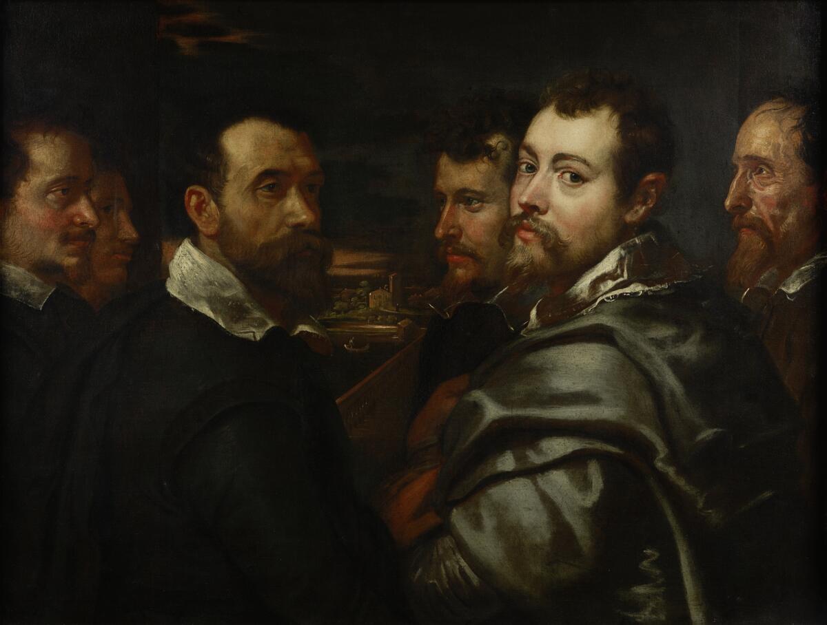 Several men clustered in a painting, with one who looks over his shoulder to make eye contact with the viewer.