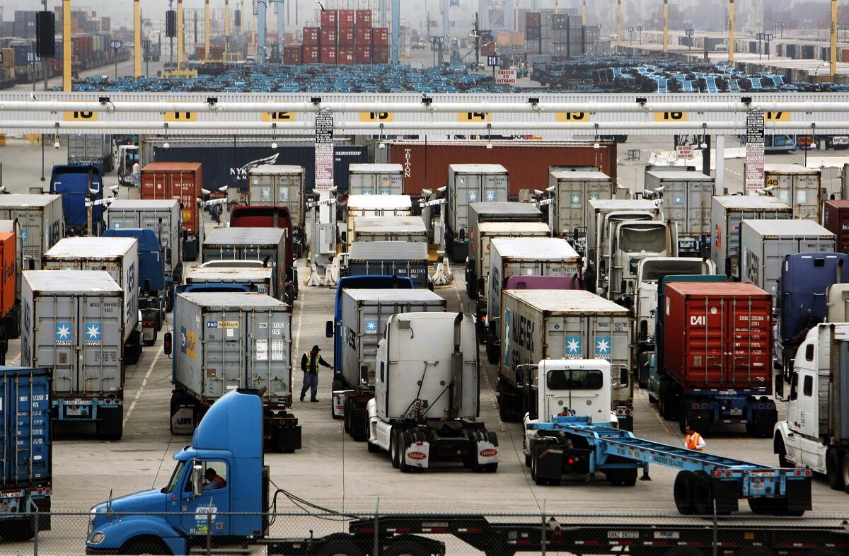 Trucks line up at the Port of Los Angeles in 2012.