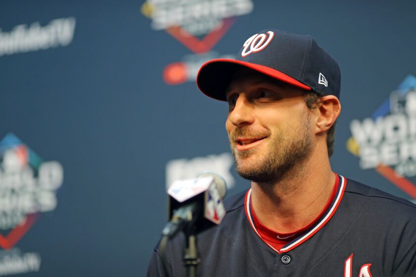 HOUSTON, TX - OCTOBER 21: Max Scherzer #31 of the Washinton Nationals talks to the media during the World Series Workout Day at Minute Maid Park on Monday, October 21, 2019 in Houston, Texas. (Photo by Alex Trautwig/MLB Photos via Getty Images)