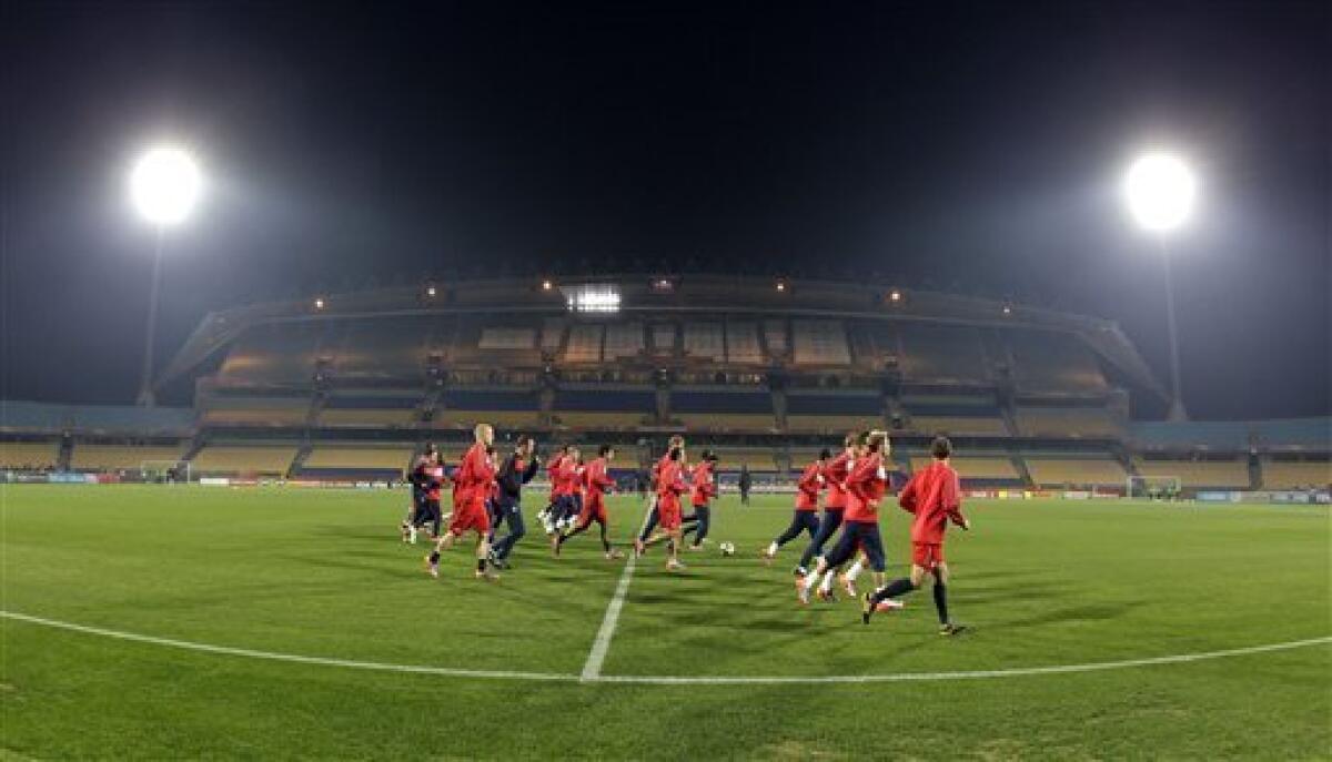 The U.S. national soccer team trains at Royal Bafokeng Stadium in Rustenburg, South Africa, Friday, June 11, 2010. The U.S. will play England in a soccer World Cup Group C match on Saturday. (AP Photo/Elise Amendola)